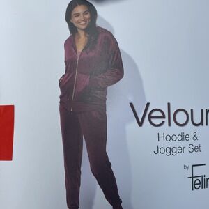 Felina Women's M Velour Hoodie Jogger Set Burgundy a2035